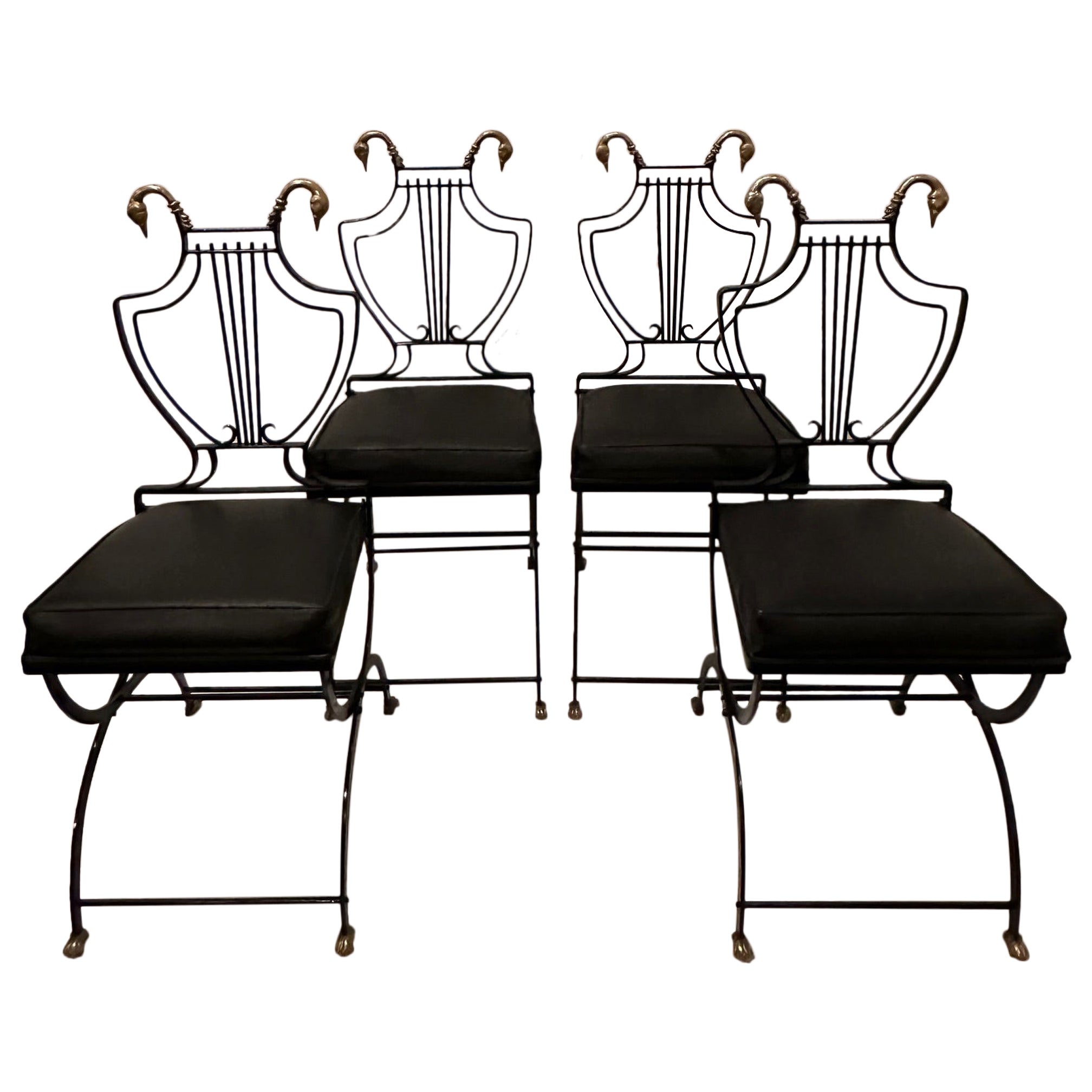 Set of 4 Black Iron and Brass Swan & Lyre Motif Dining Chairs