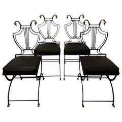 Set of 4 Black Iron and Brass Swan & Lyre Motif Dining Chairs