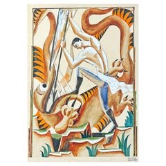 "San Jorge y el dragón", fabulosa pintura art déco de Manne Östlund, 1934