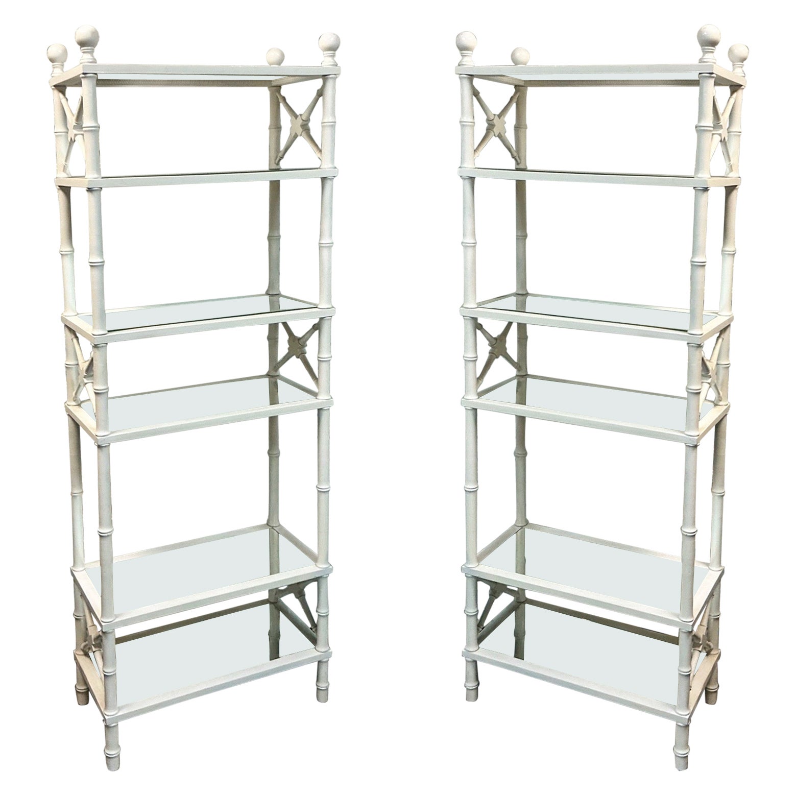 1970s Neo-Classical Style White Faux Bamboo Etageres / Shelves / Bookcases -Pair