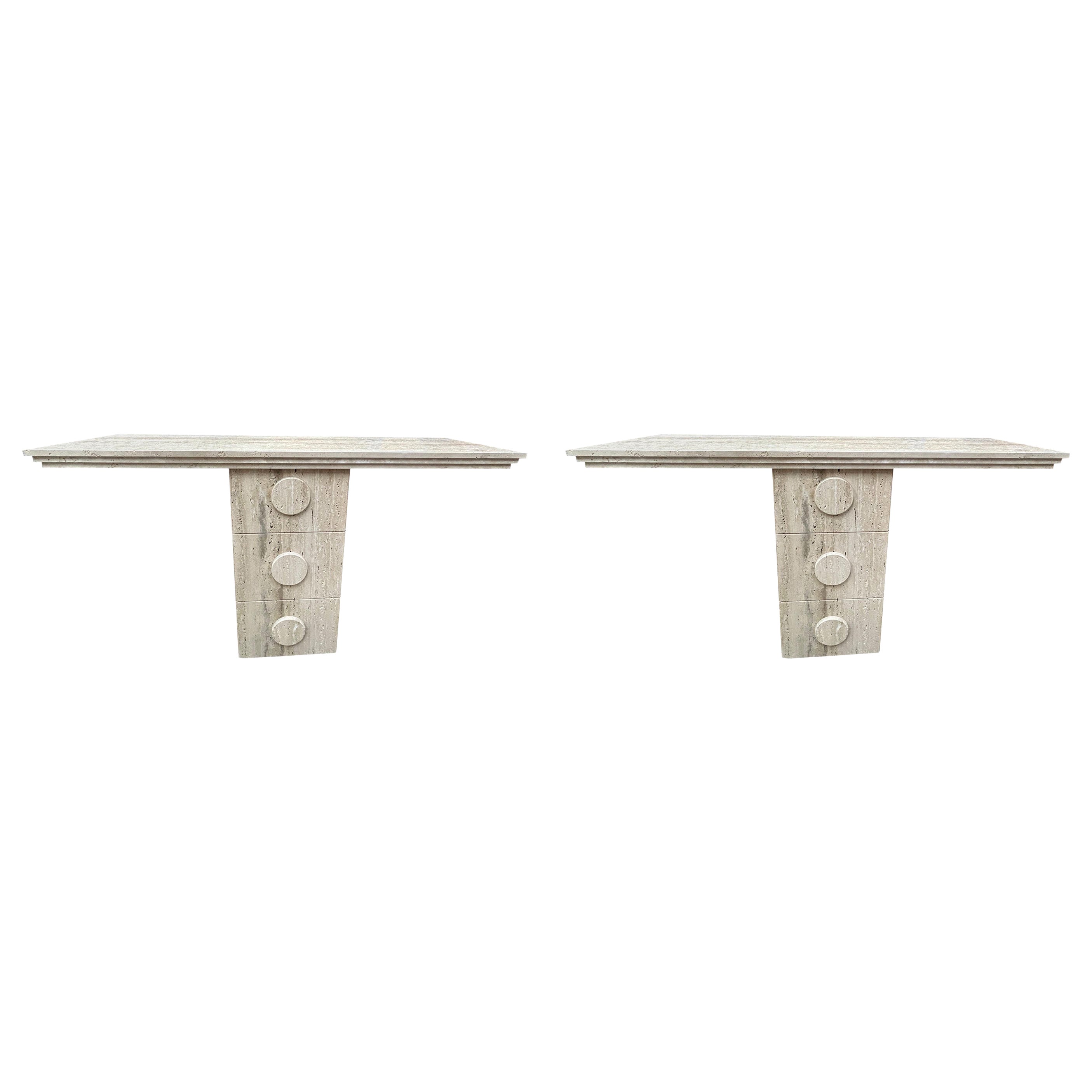 Pair Of Italian Modern Travertine Console Tables