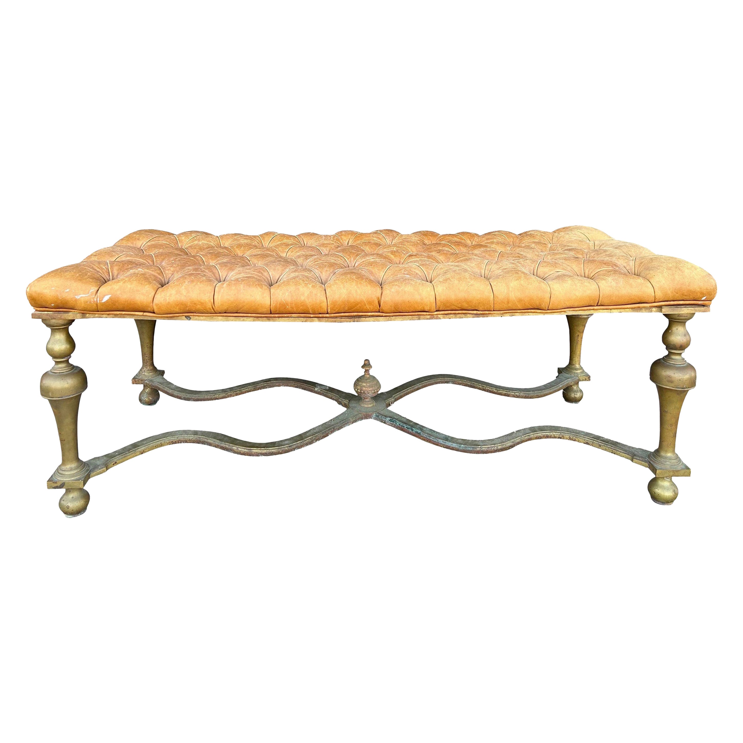 Antique English Brass and Leather Bench For Sale