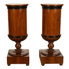Pair Antique Austrian Walnut Biedermeier Drum Pedestal Cabinets Nightstands 1830