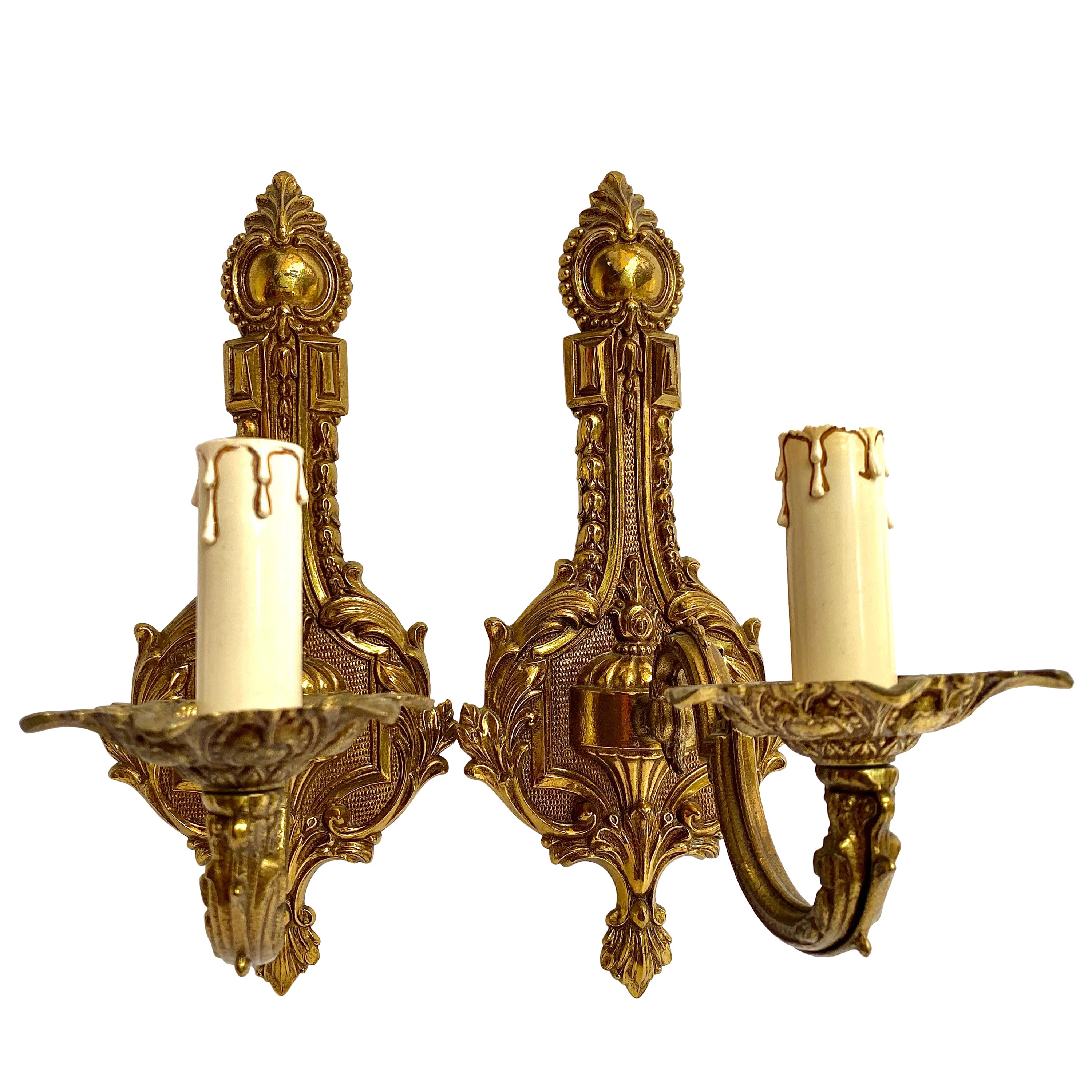 Antique Wall Sconces Gilt Brass Wall Lighting, Set 2, France, 1930s