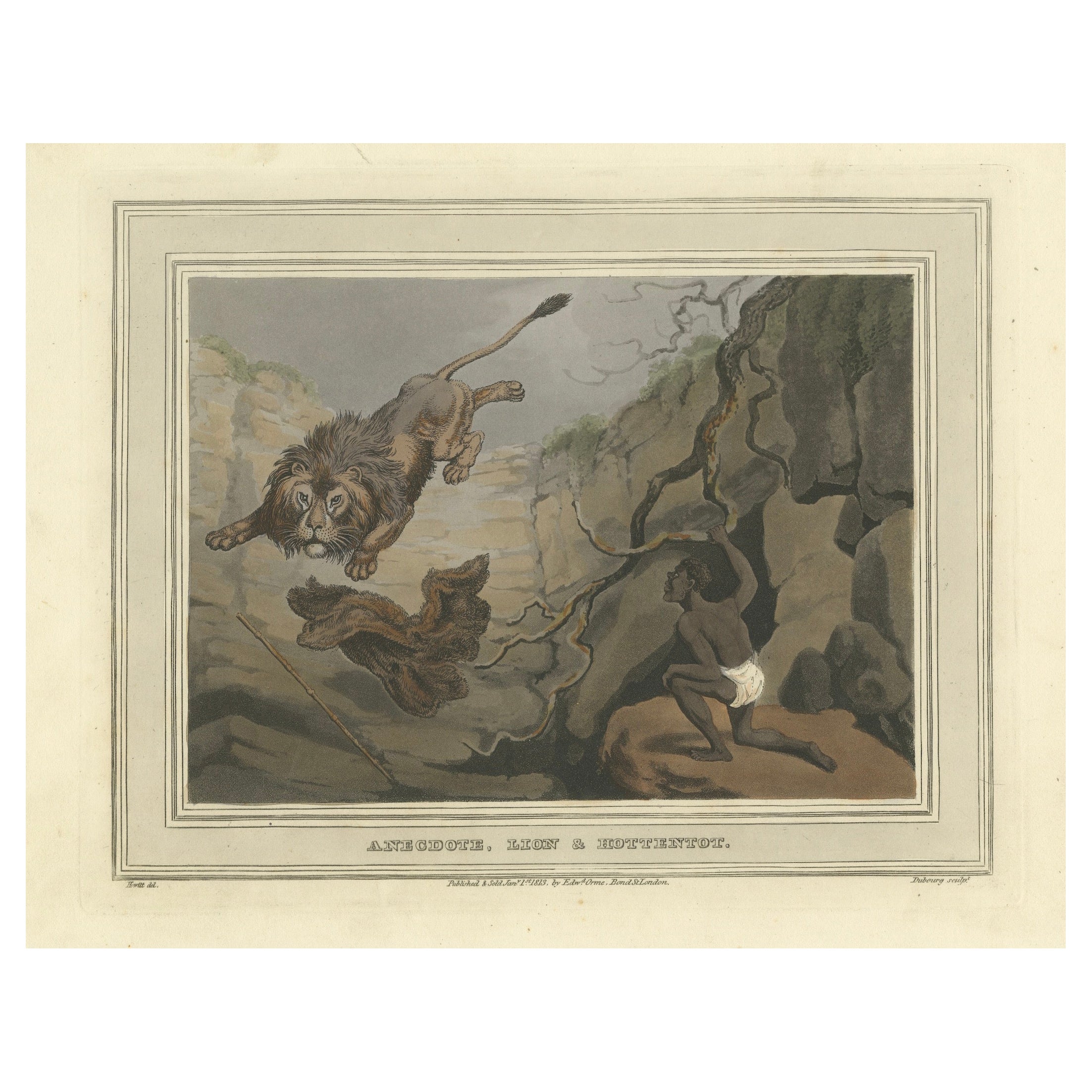 Foreign Field Sports: Lion & Hottentot Aquatint by Dubourg, Merke & Howitt, 1813