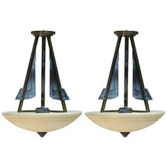 Pair of Art Deco Alabaster Chandeliers France, circa 1940s