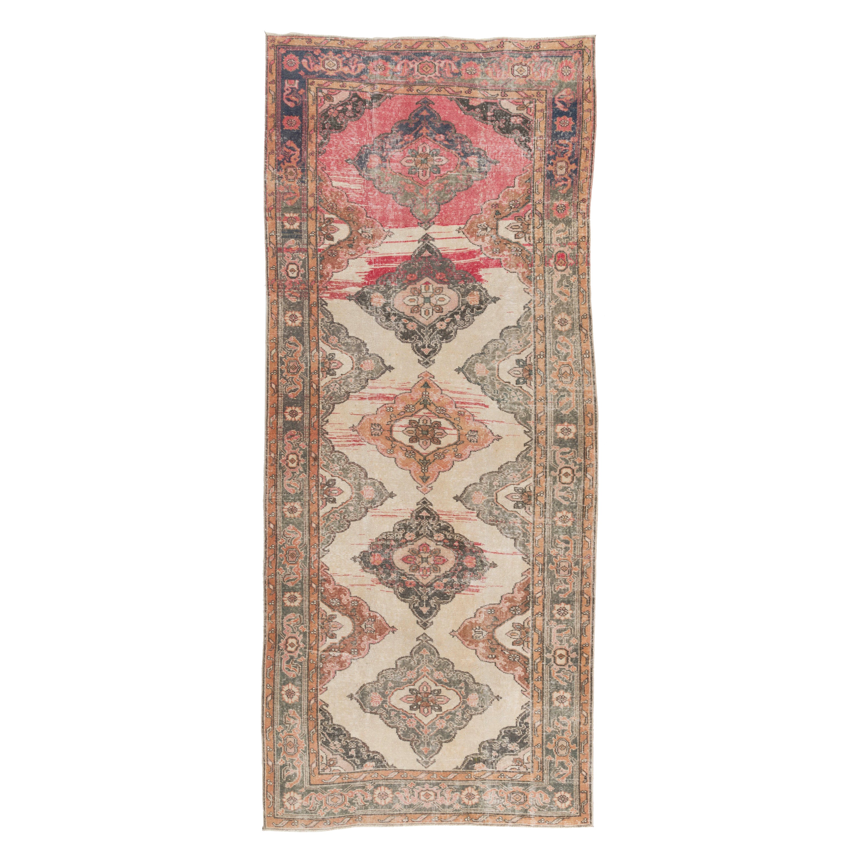 4.8x11.6 Ft Vintage Oushak Wool Runner Rug. Handmade Turkish Corridor Carpet