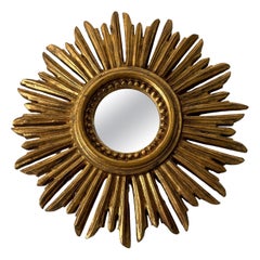 Specchio francese degli anni '40, piccolo, dorato, a raggiera, a stella, del Medioevo