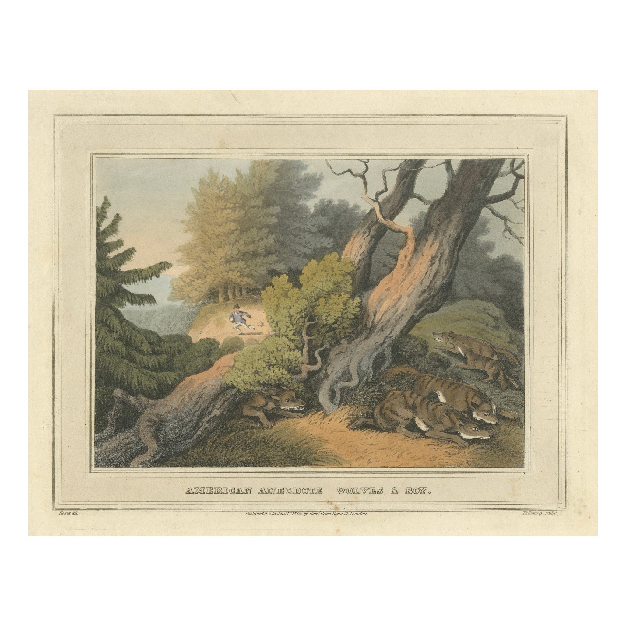 Hand-Coloured Aquatint 'American Anecdote Wolves & Boy', 1813
