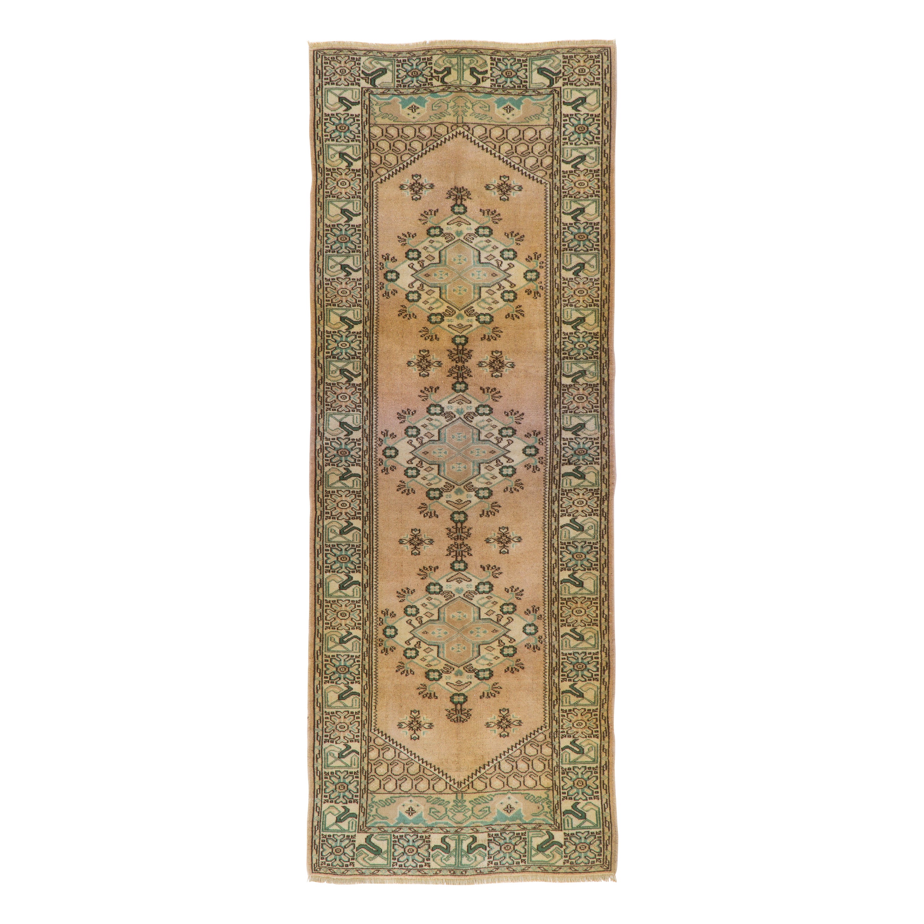 3.4x9 Ft Vintage Turkish Kula Runner Rug. Handmade Wool Corridor Carpet