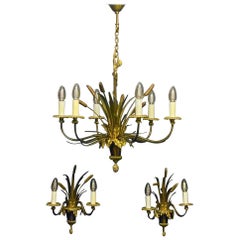 Maison Charles Bronze "Cattails" Chandelier and Sconces, France, 1970s