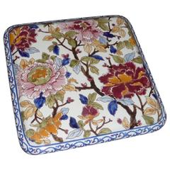 19th Century Squared Tablemat French Gien Faience Decor Pivoine 