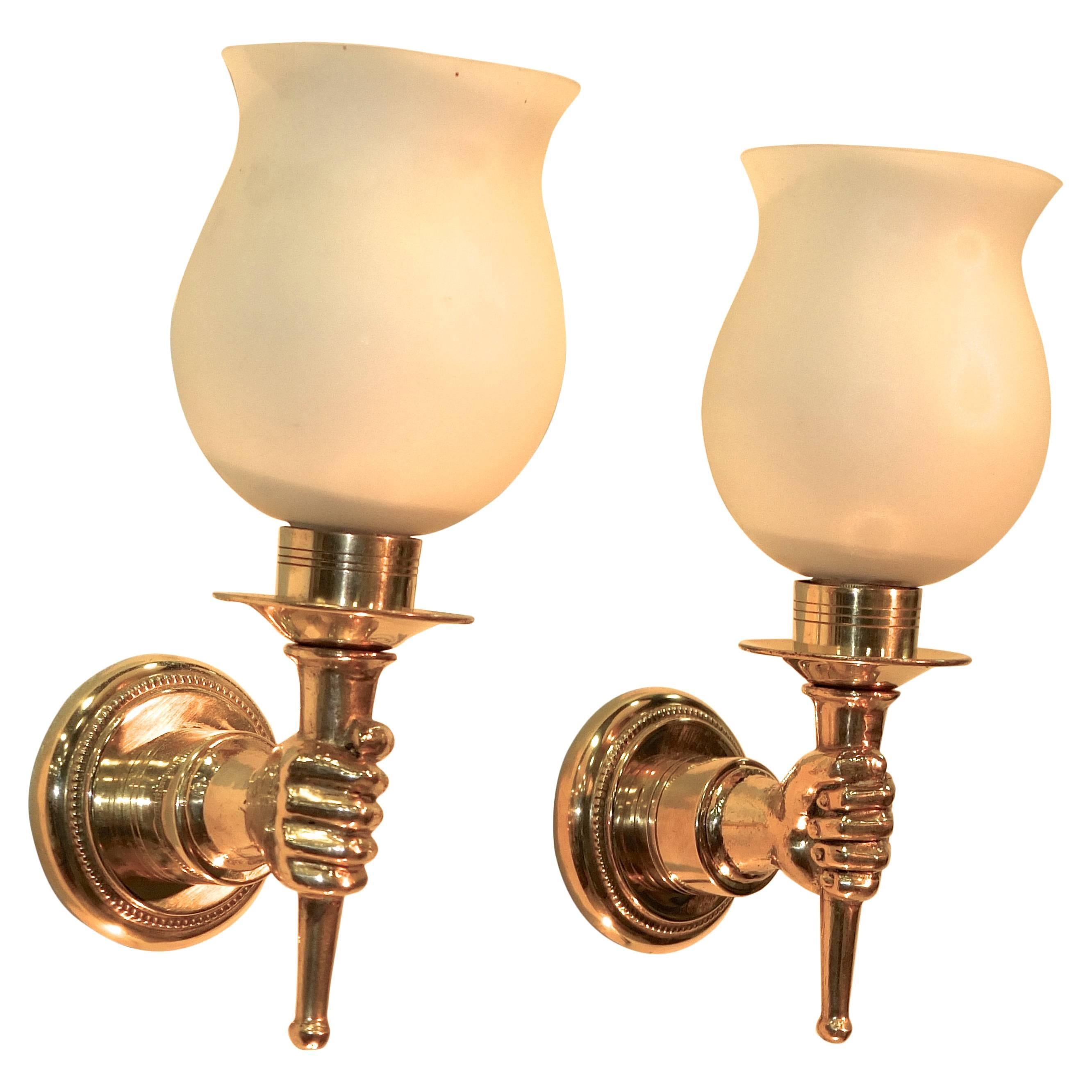 Pair of French 1950s Brass and Opaline Sconces after Andre Arbus