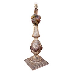 Vintage 1970s Hand Painted Table Lamp Carved in Wood with Fruit