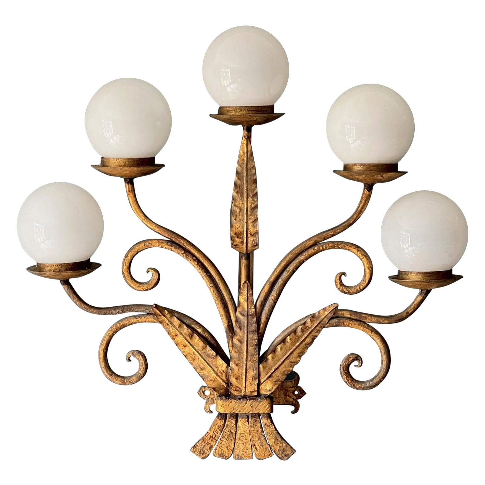 A Large Patinated Spanish Gilt Metal Five Branch Wall Light Sconce For
