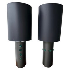 Contemporary Pair of Black Metal and Green Slag Glass Rock Lamps, Italy