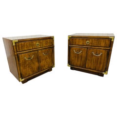 Vintage Drexel Campaign Style Walnut Nightstands - Set of 2