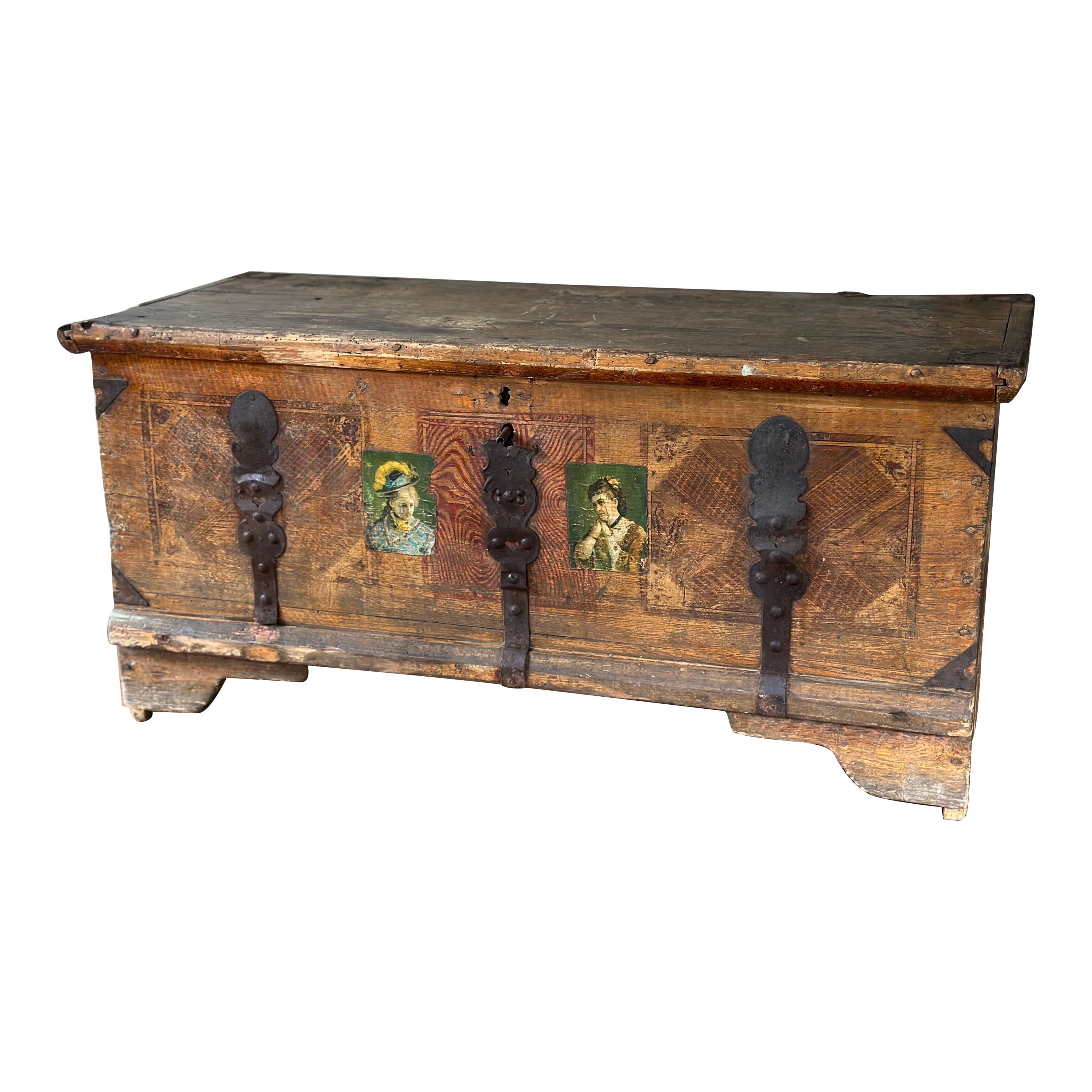 19th C. Folk art grain painted and iron blanket chest