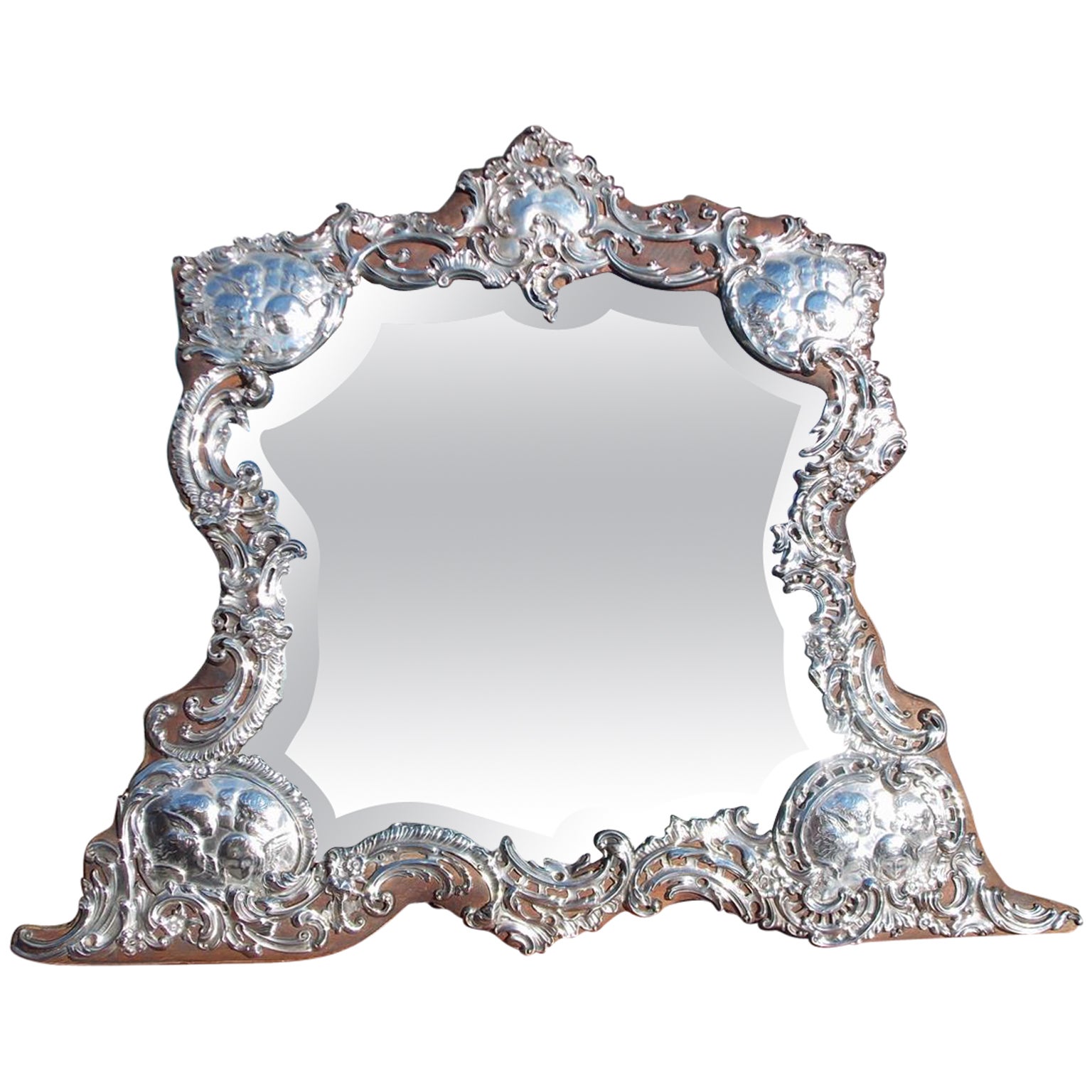 Antique Tiffany Repousse Sterling Silver Standing Vanity Mirror For