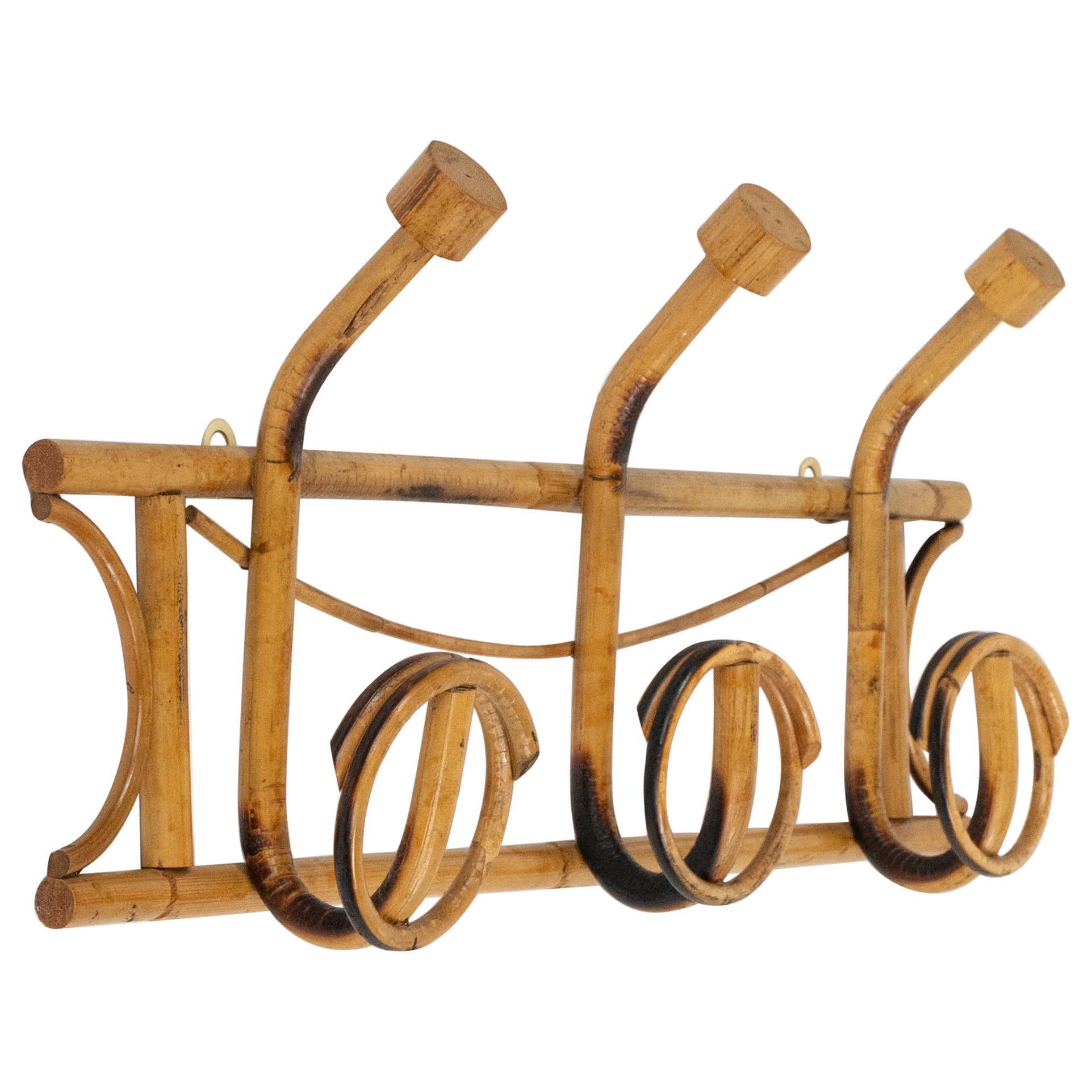 Midcentury Wall Coat Rack Bamboo and Rattan, Italy 1960s