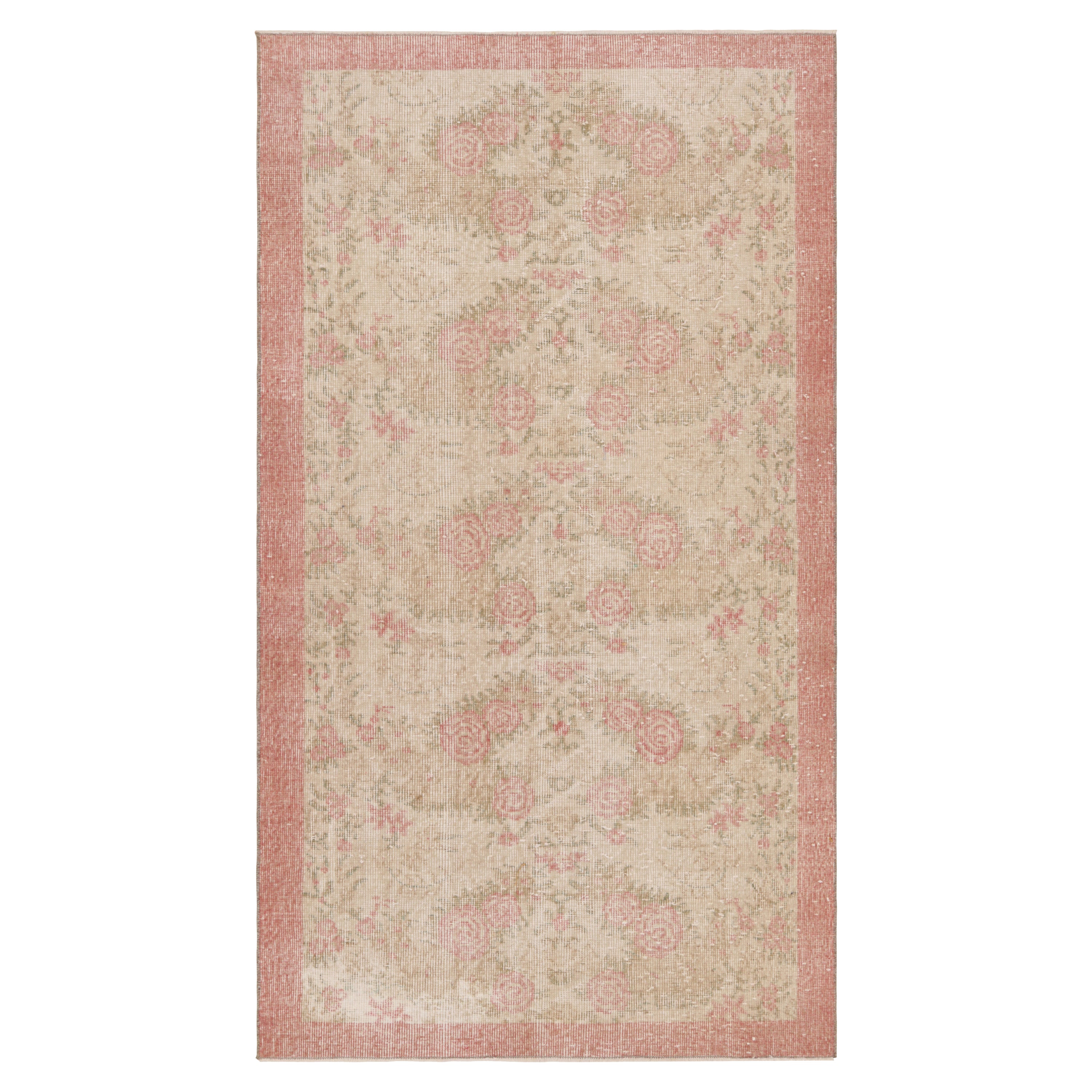 Alfombra vintage Zeki Müren beige con motivos florales rosas de Rug & Kilim