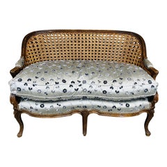 Louis XV Style Blue Velvet & Satin French Walnut Cane Back Settee 1950s