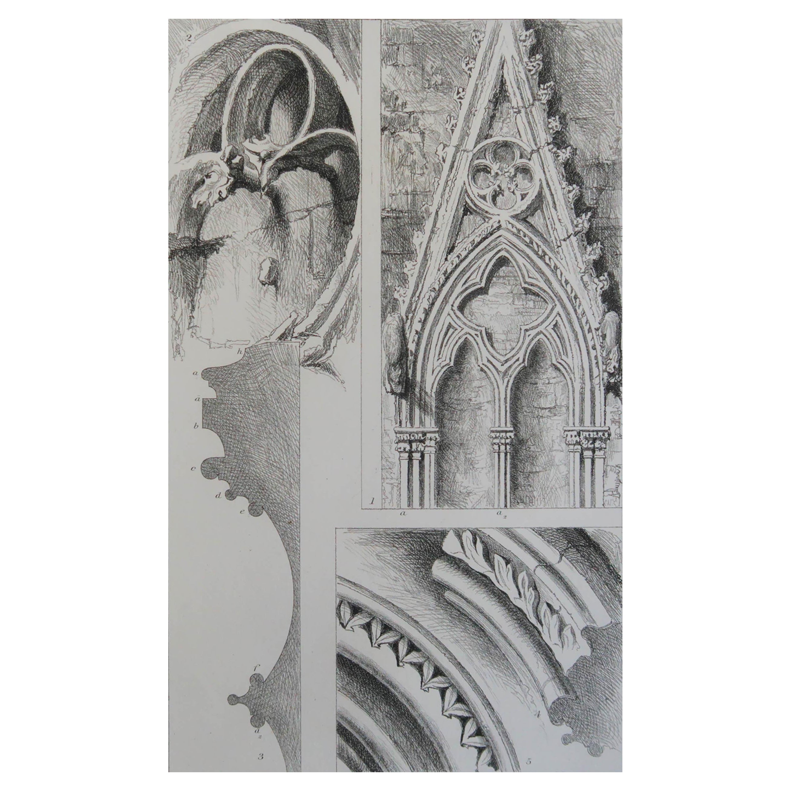 Grabado arquitectónico original antiguo de John Ruskin, circa 1880, "Salisbury".