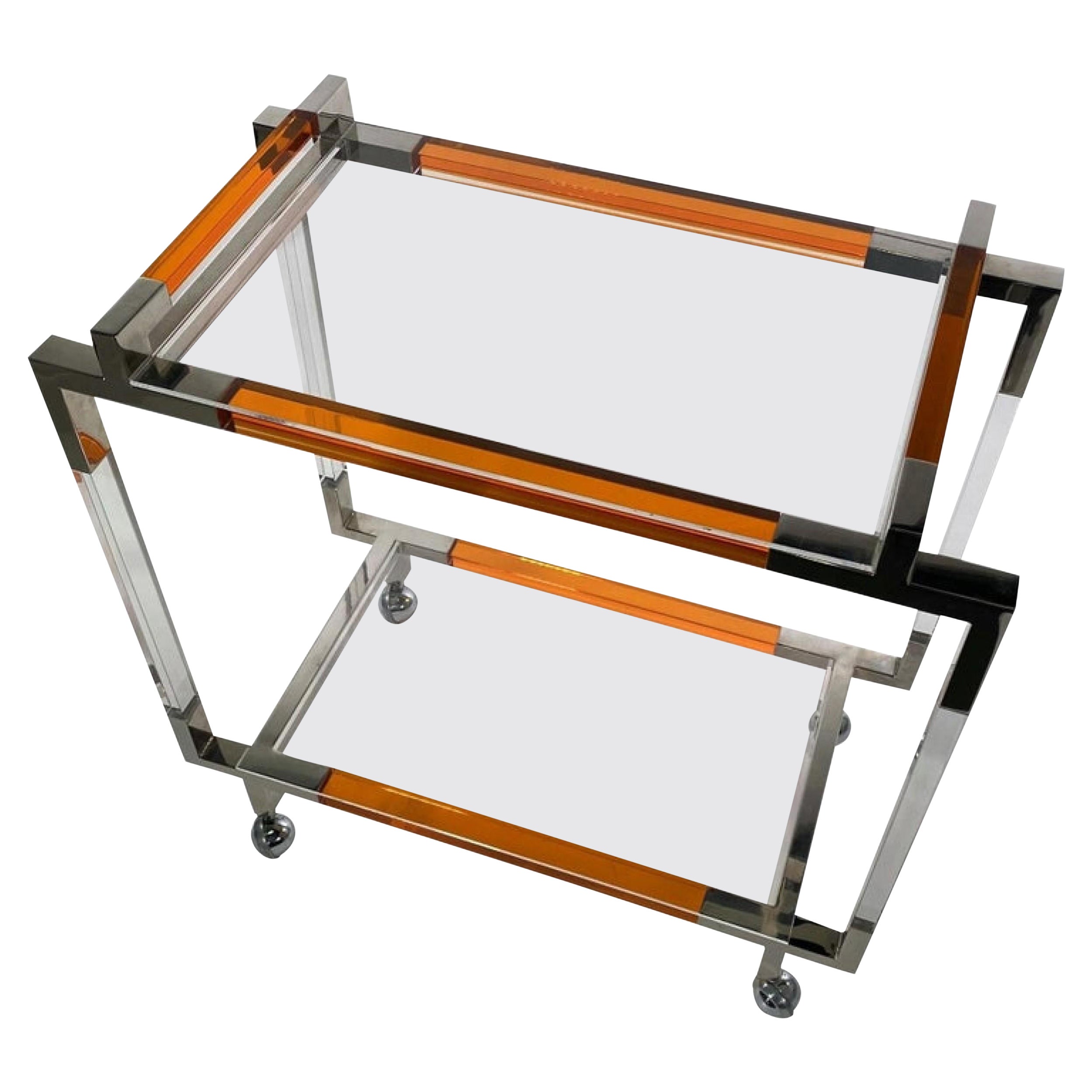 American Modern Orange Lucite & Polished Nickel, Bar Cart, Charles Hollis Jones