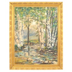 Pittura a olio su foresta moderna di metà secolo