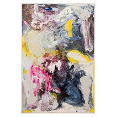 Peinture à l'huile abstraite contemporaine grise, violette et jaune sur toile tendue