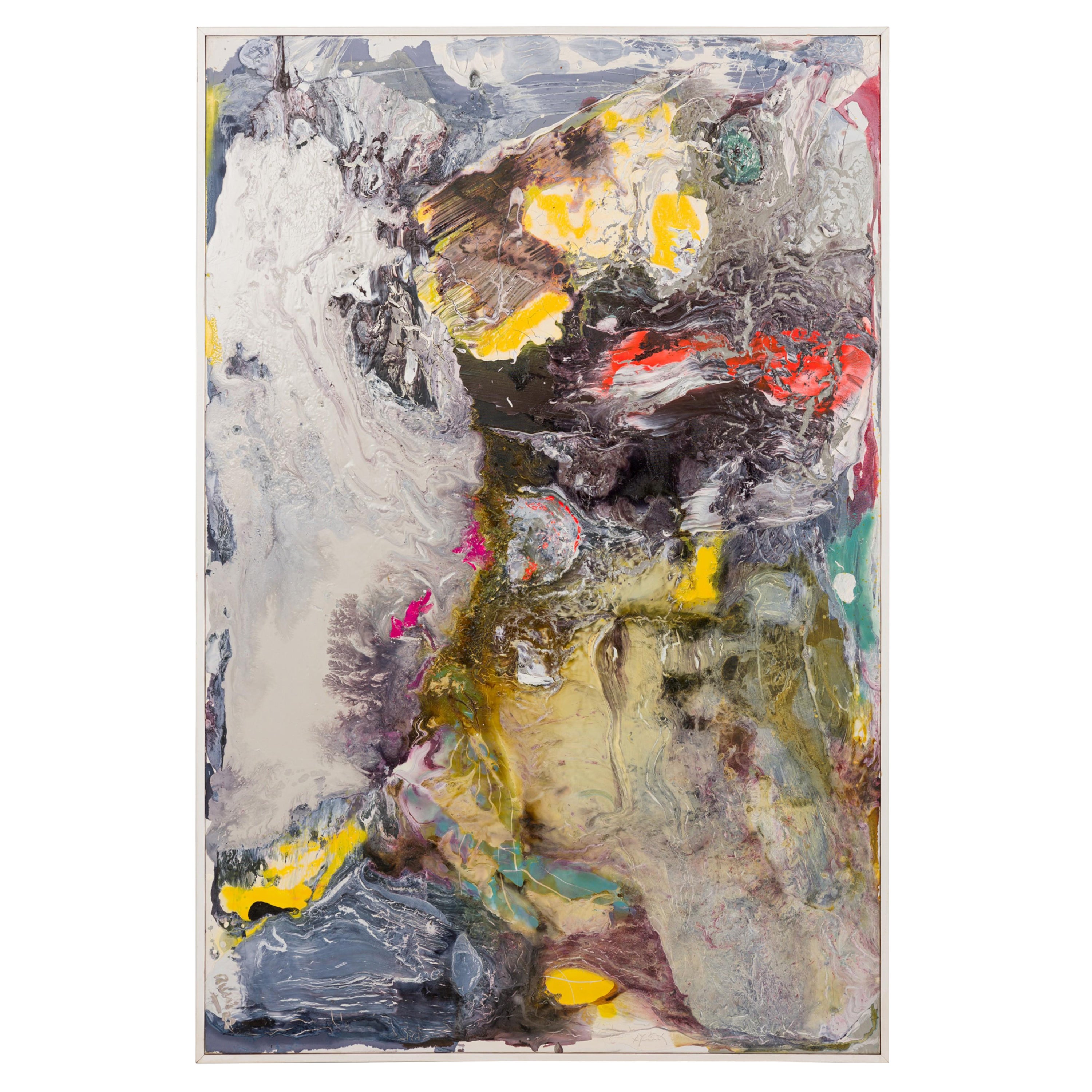 Peinture à l'huile abstraite contemporaine grise, rouge et jaune sur toile tendue
