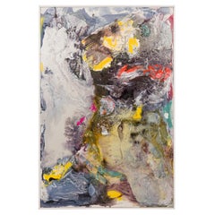 Peinture à l'huile abstraite contemporaine grise, rouge et jaune sur toile tendue