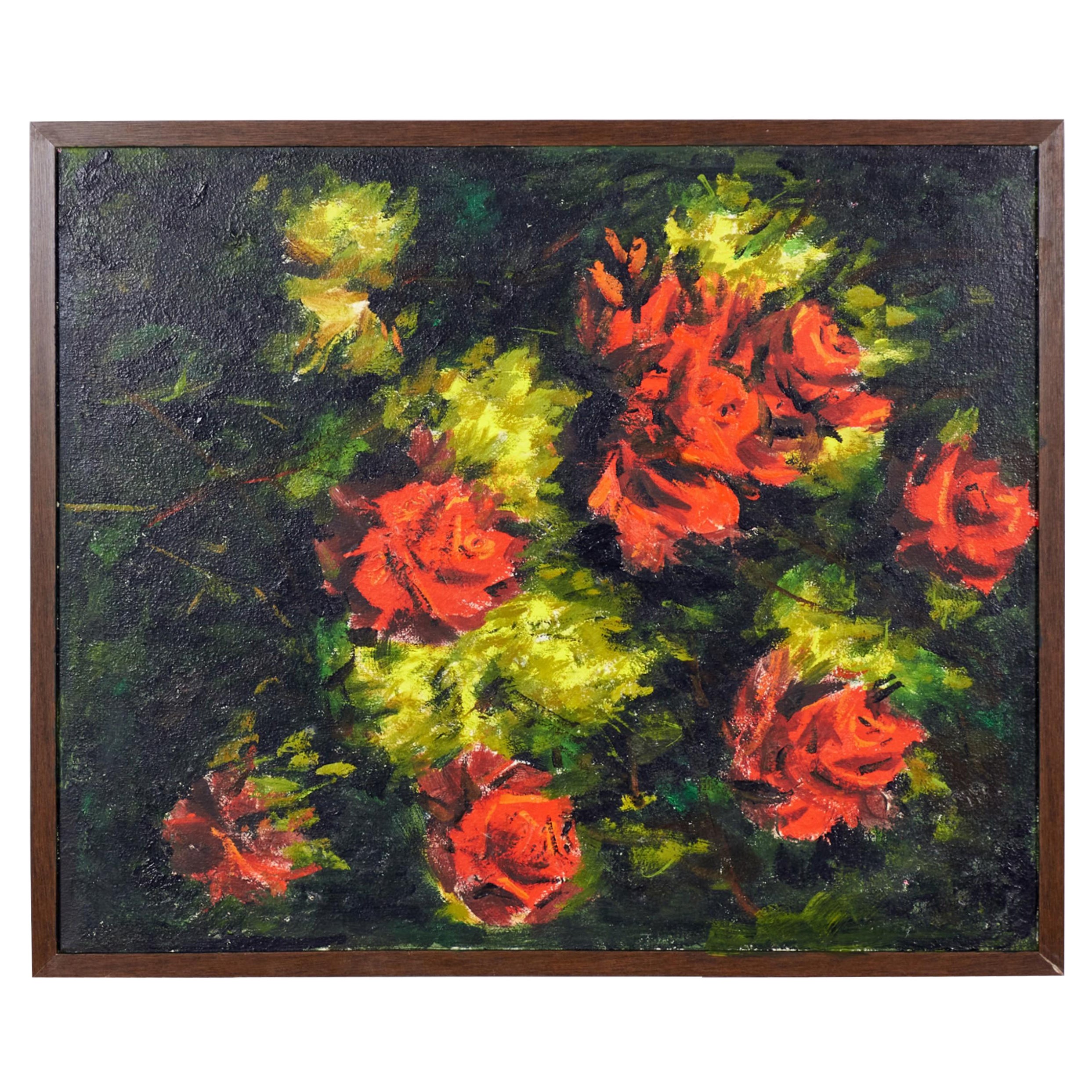 Pittura acrilica astratta stilizzata con cornice contemporanea di fiori