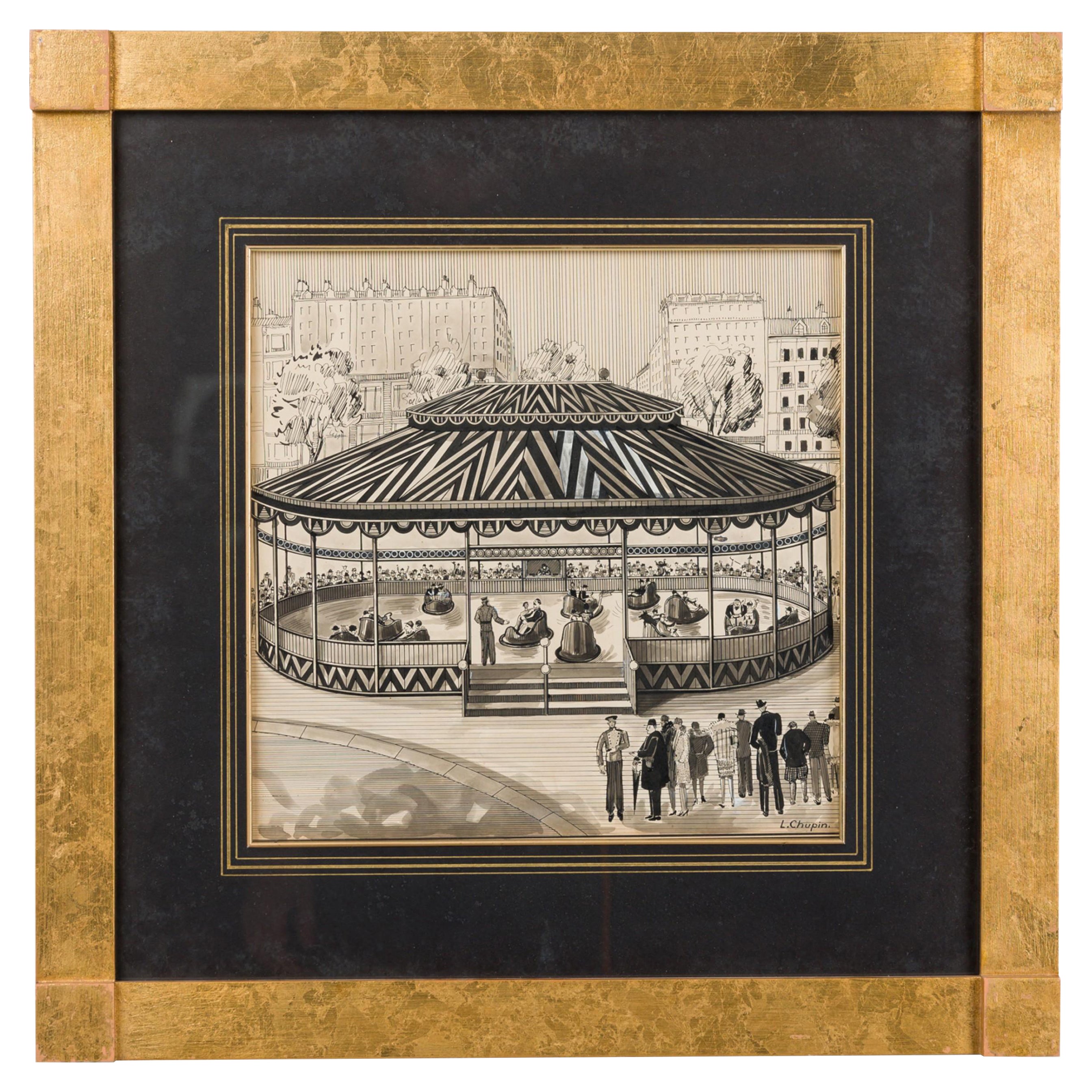 Tinta Art Decó Dibujo de Parque de Atracciones en venta