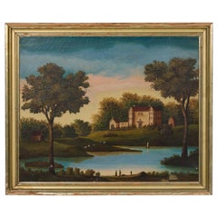 Paisaje victoriano americano de casa junto a un arroyo
