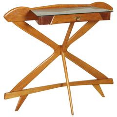 Console Table Beech Mahogany Veneer Back Painted Glass, Italy, 1950s