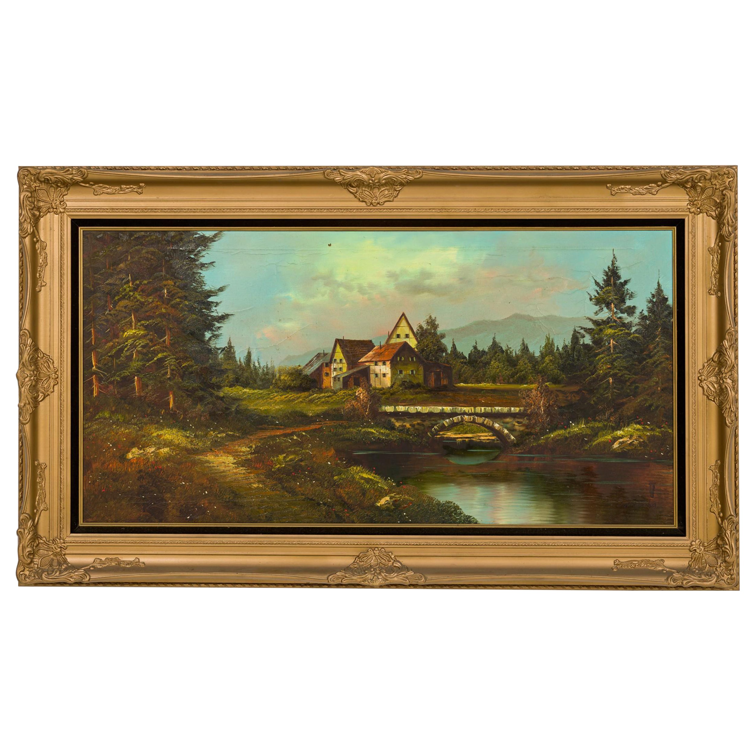 Pintura Victoriana Americana de Paisaje de 4 Casas Cerca de un Río