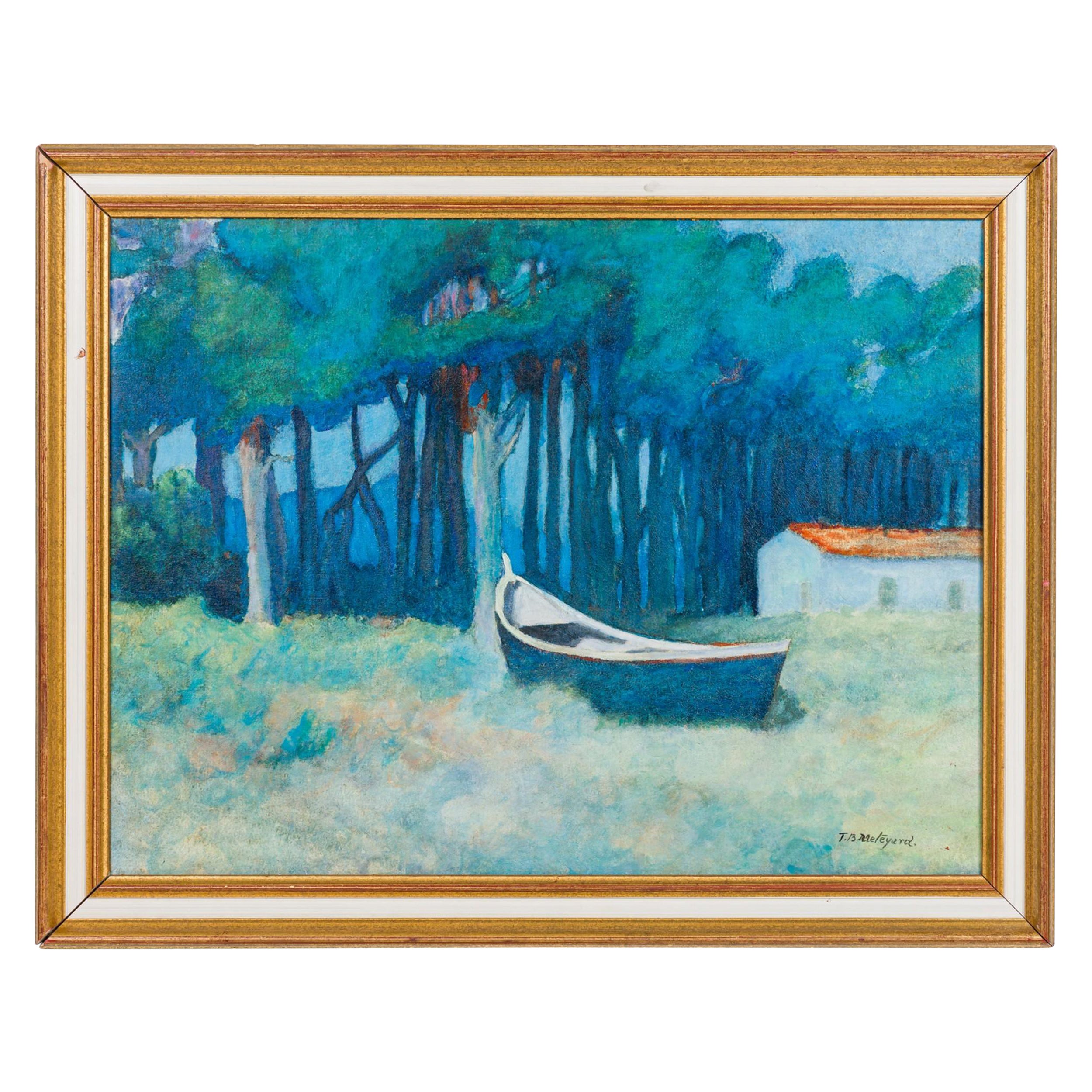 Landscape of Blue Boat on a Green Field