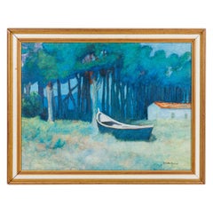 Paysage d'un bateau bleu sur un terrain vert