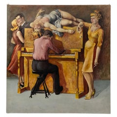 Antique Art Moderne Bar Scene Painting