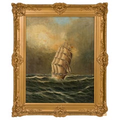 Peinture victorienne américaine de paysage marin représentant un voilier