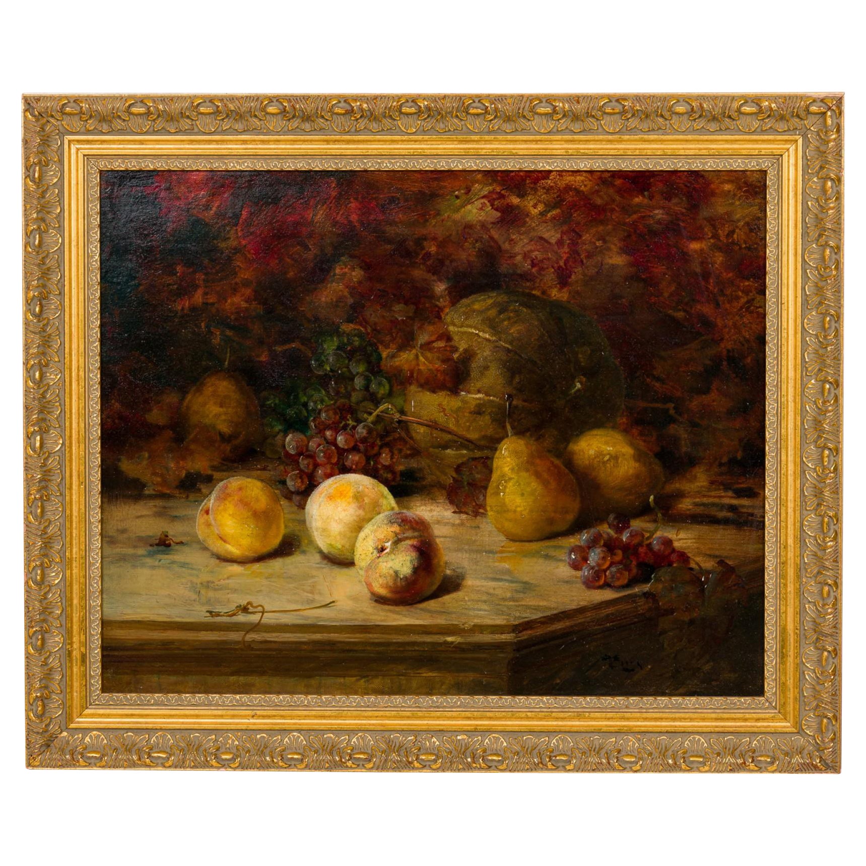 Dutch Still Life Painting of Peaches, Pears, Grapes and Melon in Giltwood Frame
