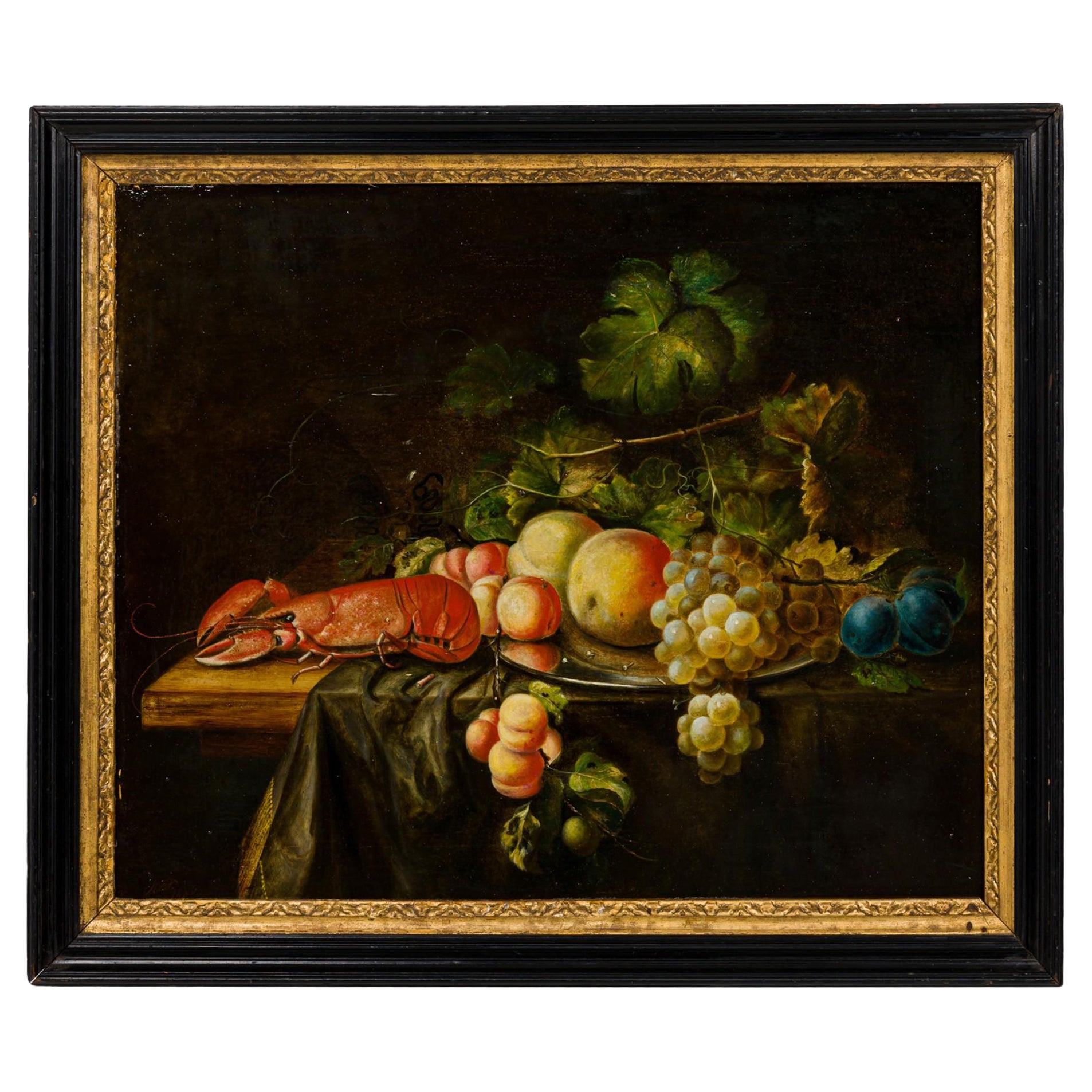 Framed Dutch Still Life Fruit and Lobster Oil Painting