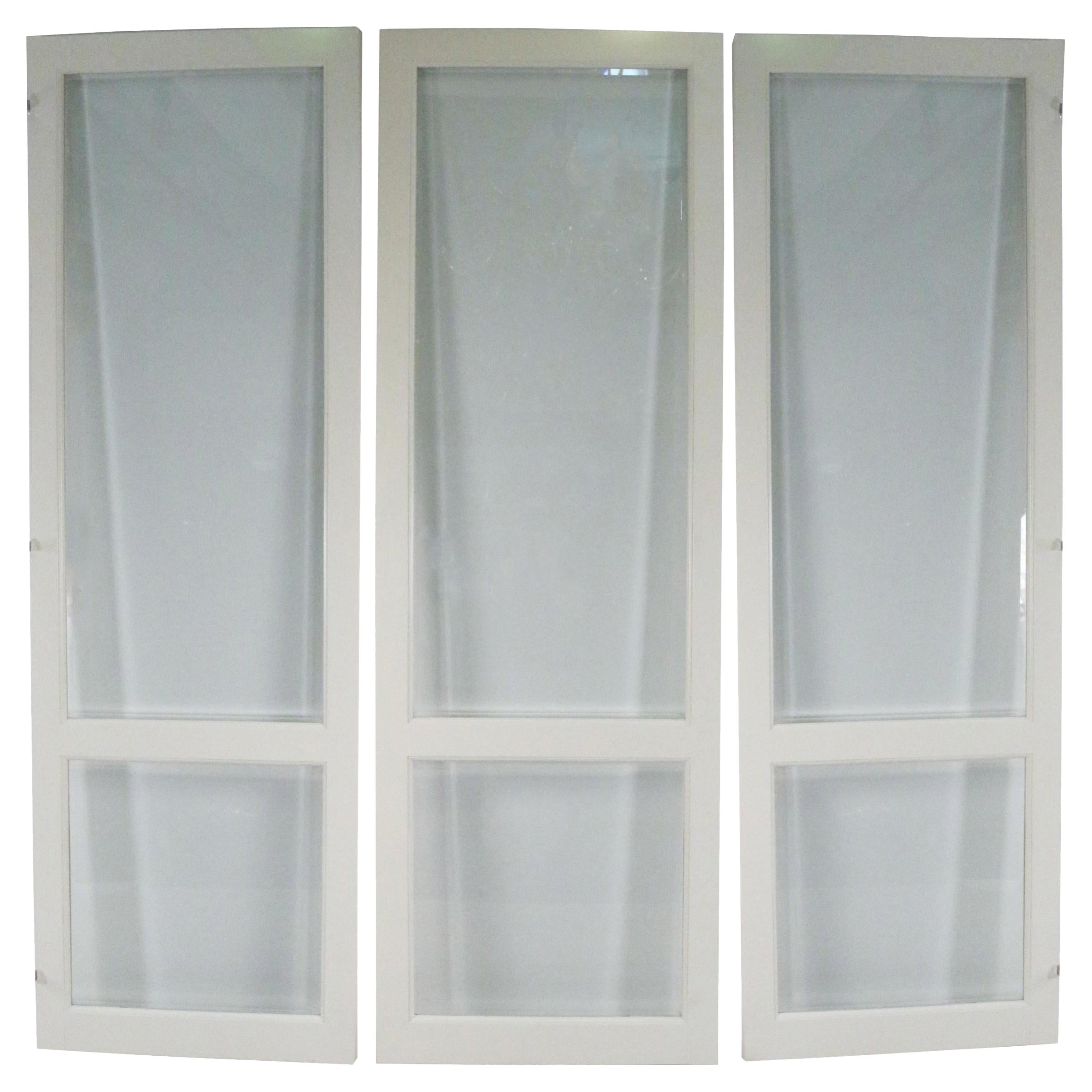 Contemporary Monumental Three Fold White Wood and Glass Screen/Room Divider