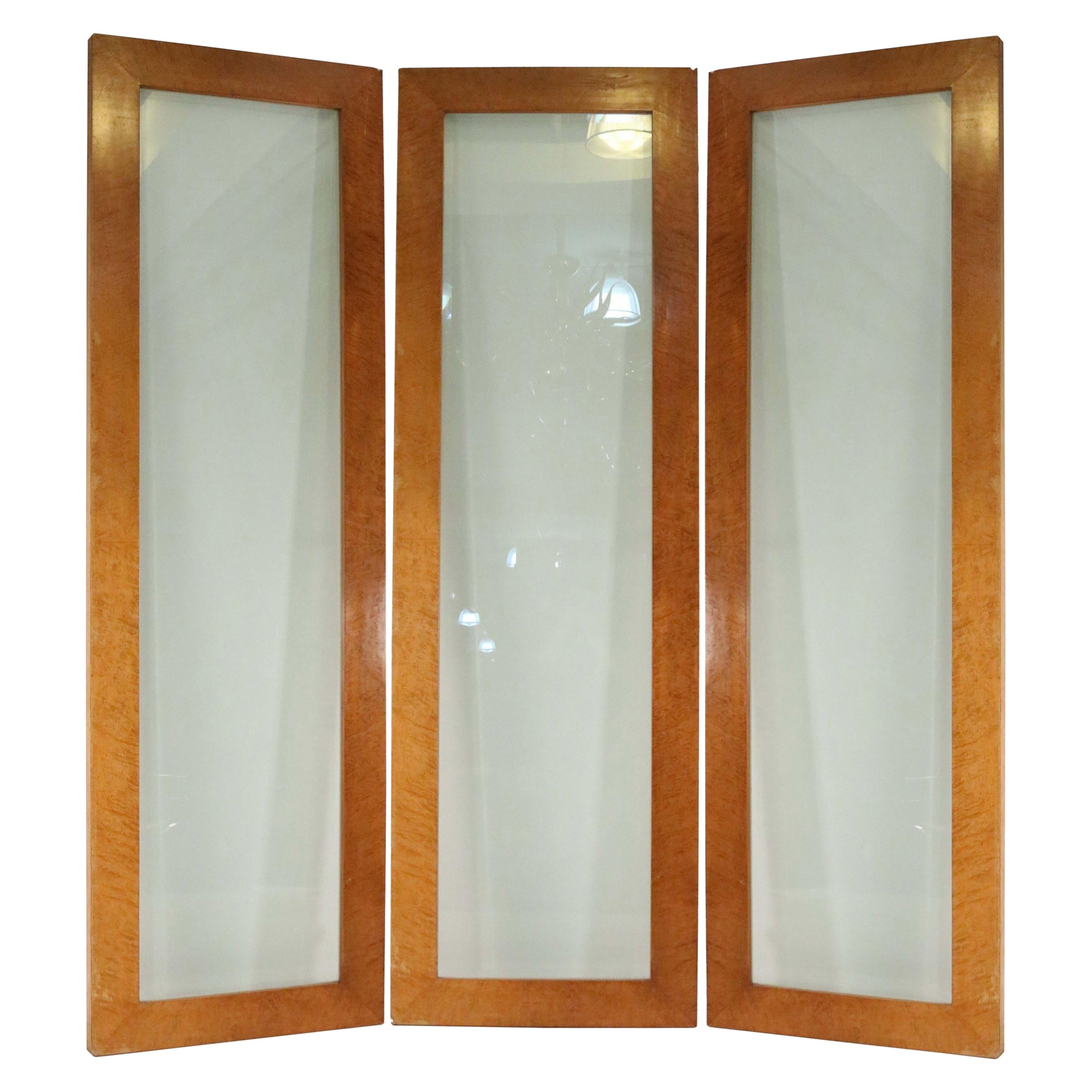 Contemporary Monumental Three Fold Maple and Glass Screen/Room Divider
