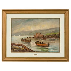Quadro vittoriano americano di paesaggio marino con due barche a remi in un lago
