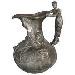 Antique Pewter Pitcher with Woman and Putti Motif Signed Henri Huppé - 1Y125