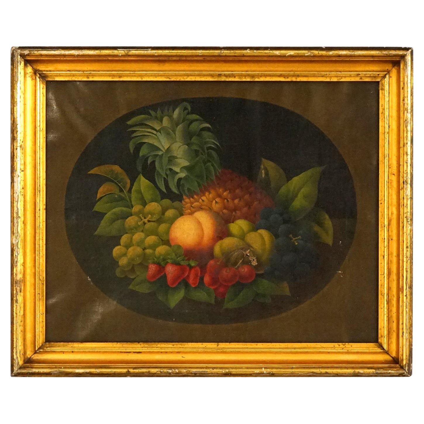 Antique Rosen Style Folk Art Fruit Still Life Oil on Canvas Painting, C1830