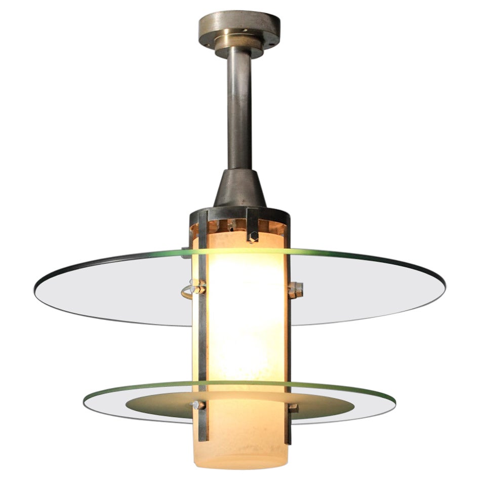Lampadario modernista degli anni '30-'40 in vetro lavorato francese nichelato