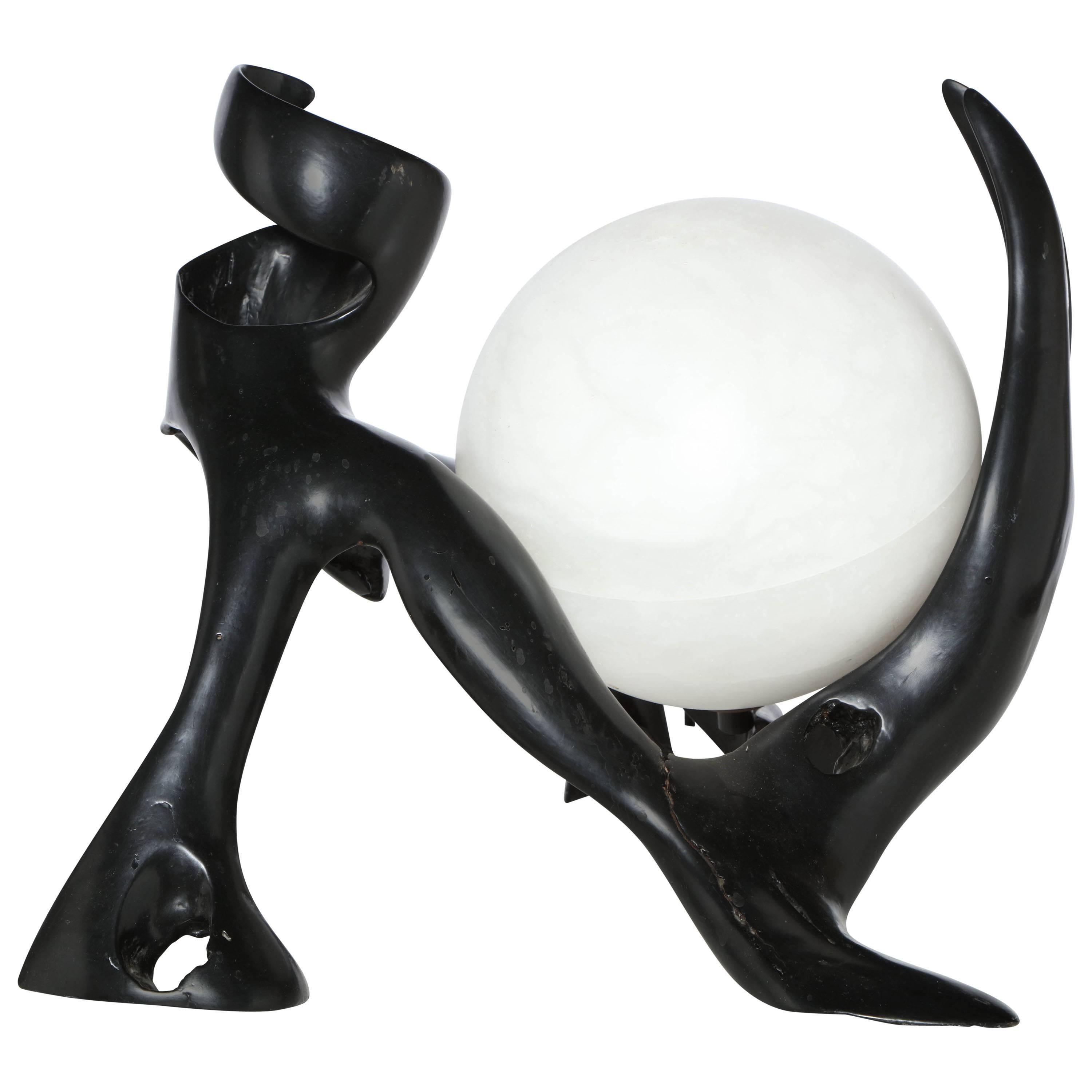 Craft Revival Black Lacquered Wood & White Alabaster "Moon" Table Lamp For Sale